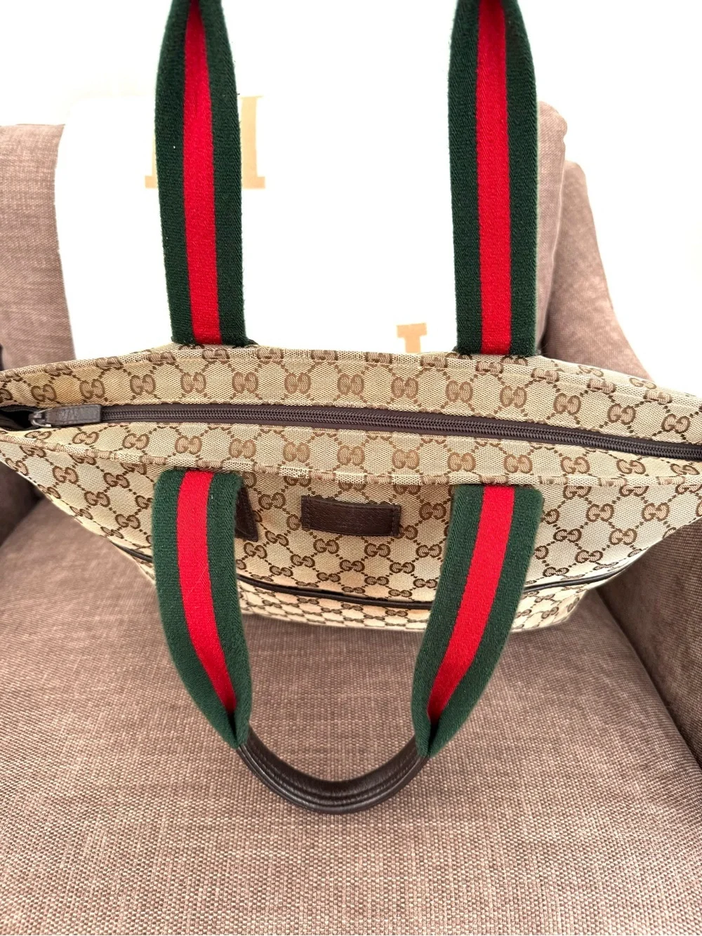 Gucci authentic tote bag brown monogram canvas diaper bag red green handles